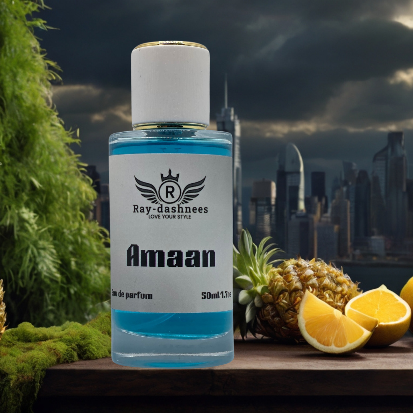 Men’s Amaan 50ml by Ray-Dashnees, premium Creed Aventus dupe, luxury masculine fragrance, bold and lasting