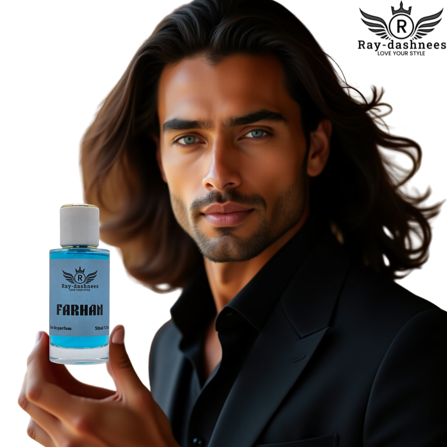  Young man in formal black shirt and tie holding a Raydashnees men's perfume bottle, representing the Raydashnees Men fragrance collection – luxury designer-inspired Eau de Parfums for men.